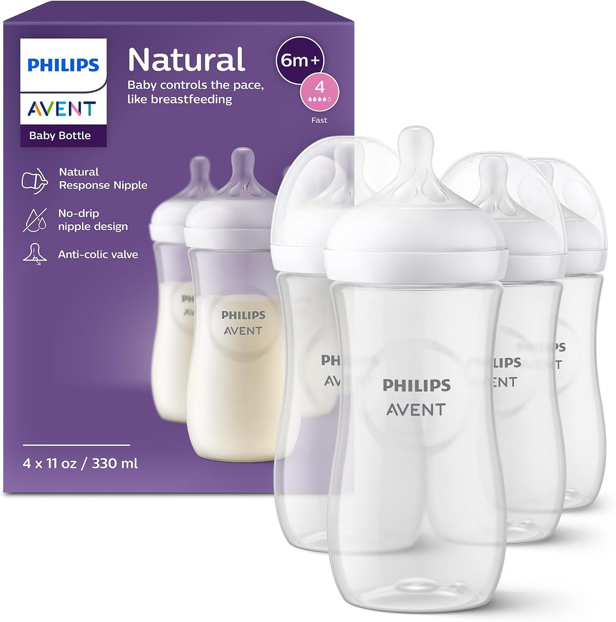 Philips Avent Natural Baby Bottles, Medium Flow, 9 oz, BPA-Free, 4-Pack