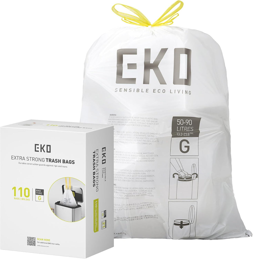 EKO 21 Gallon / 50-90 Liter, 60 Count Drawstring Trash Bags, Extra-Strong Unscented Garbage Bags, Easy-Dispense Roll for Kitchen & Household Use, Code G, White