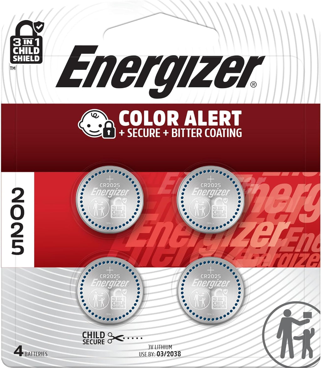 Energizer 2025 Batteries (4 Pack), 3V Lithium Coin Batteries With 3-in-1 Child Shield