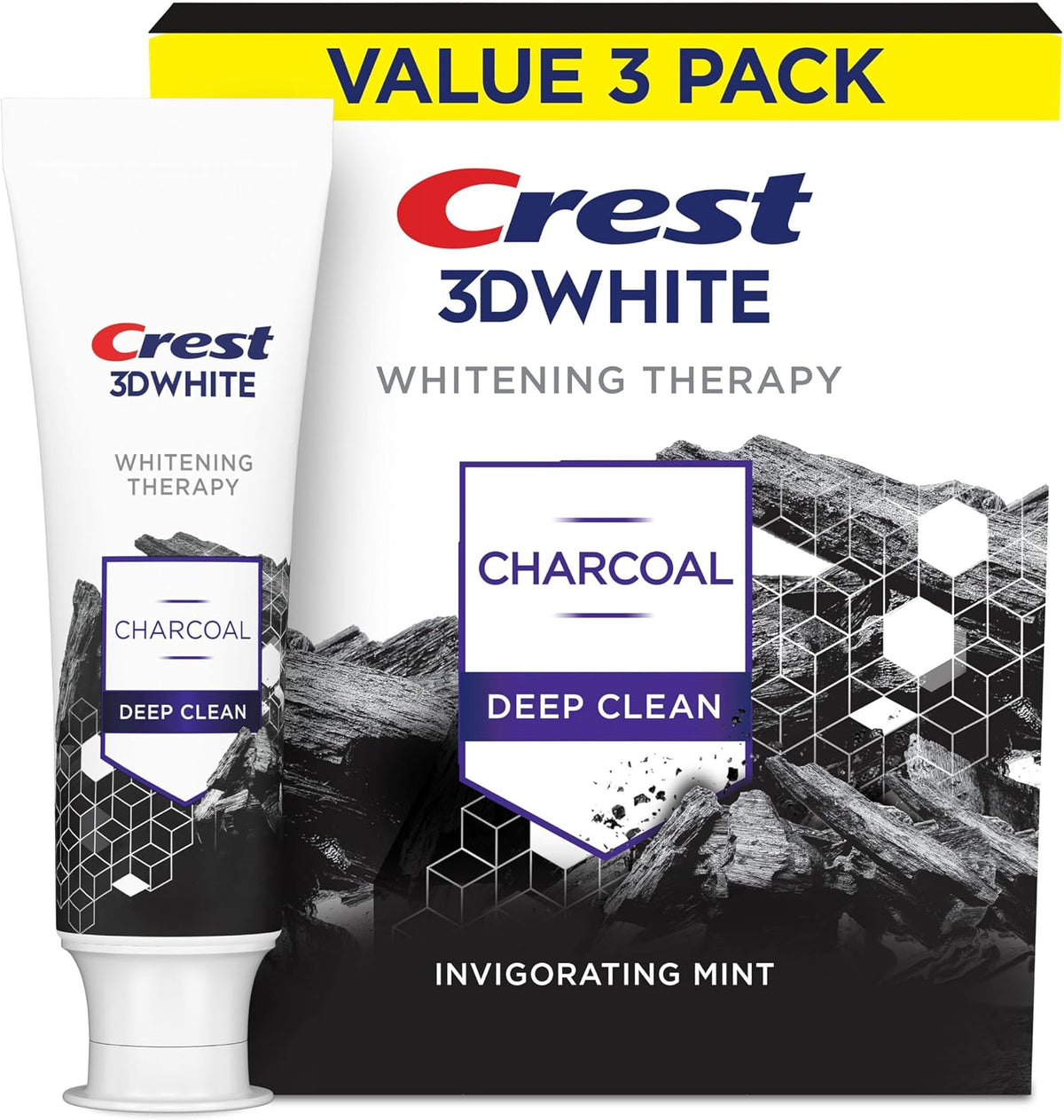 Crest 3D White Whitening Therapy Charcoal Deep Clean Invigorating Mint Teeth Whitening Toothpaste, 4.6 oz Pack of 3, Anticavity Fluoride Toothpaste, Gently Brightens Teeth, Strengthens Enamel
