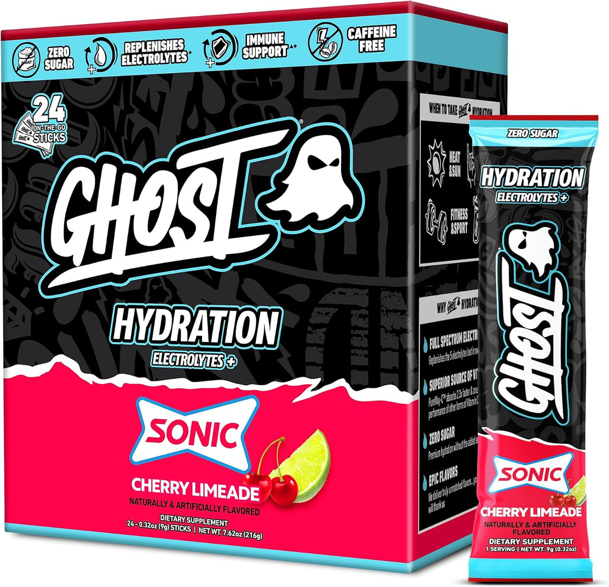 GHOST Hydration Sticks, 24 Electrolyte Powder Packets, Sonic Cherry Limeade