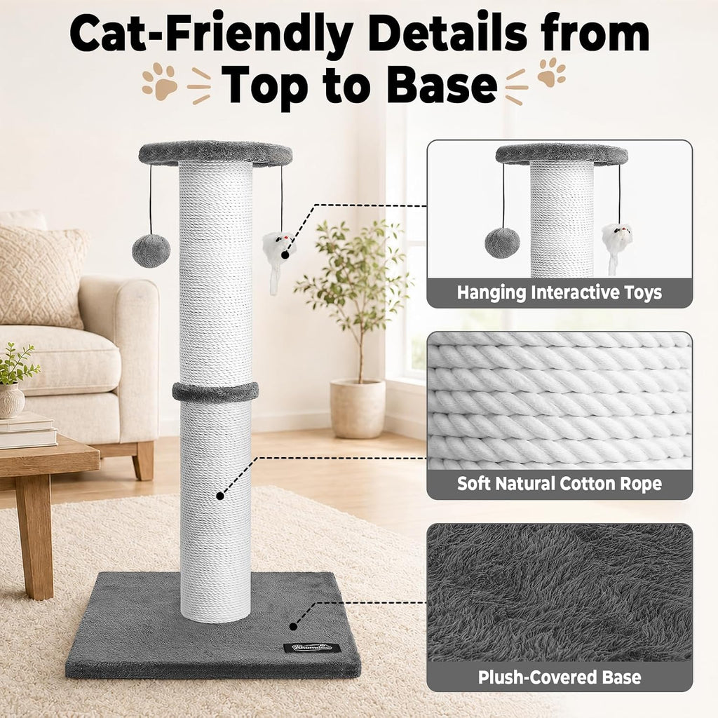 34-Inch Tall Cat Scratching Post for Large Cats, Stable Base, Gray