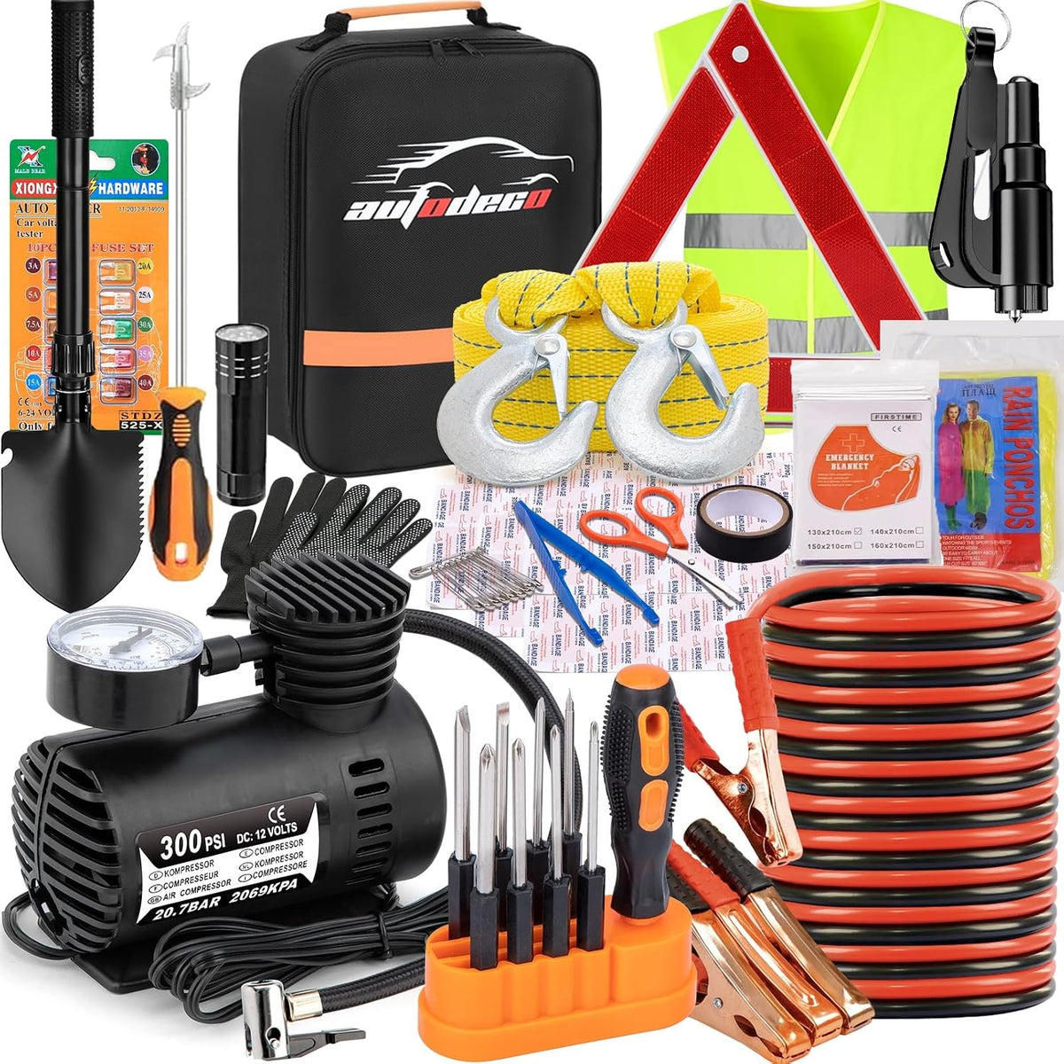 Car Emergency Roadside Assistance Kit with Jumper Cables Tire Inflator Automotive Kit for Car Vehicle
