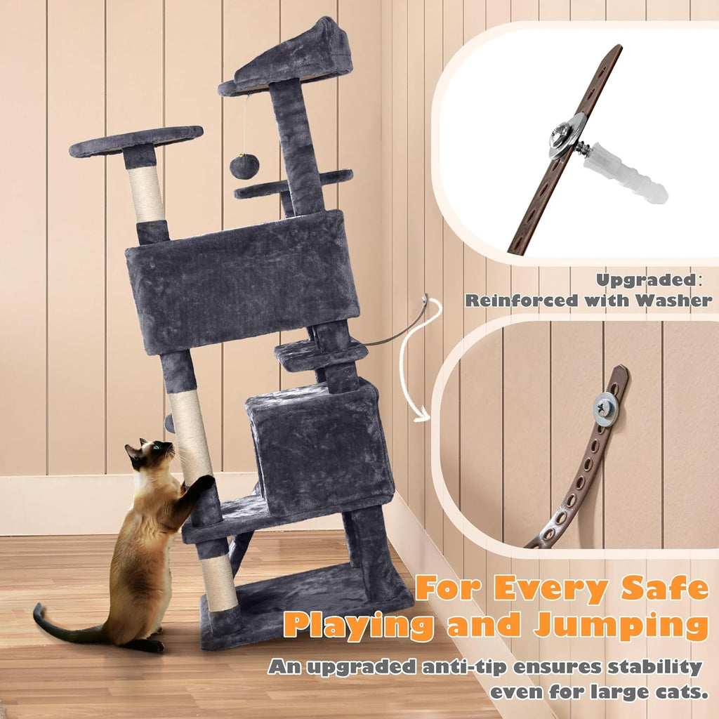 Yaheetech 54in Cat Tree Tower, 2 Caves, Kitten-Ear Perch & Scratching Posts