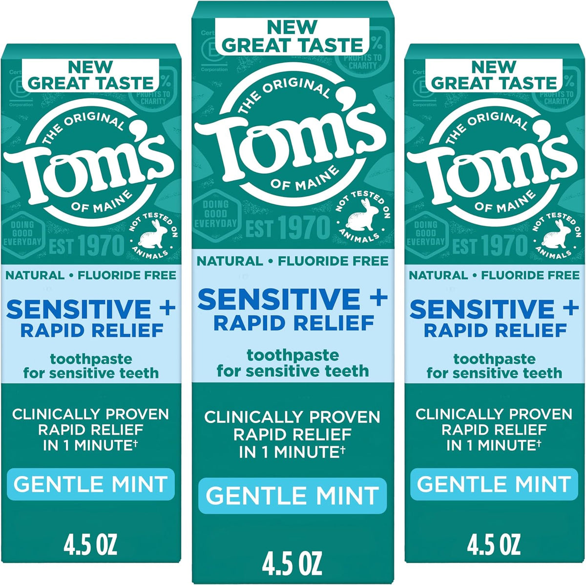 Tom's of Maine Rapid Relief and Sensitive Toothpaste, Mint, 3 Pack, 4.5 oz