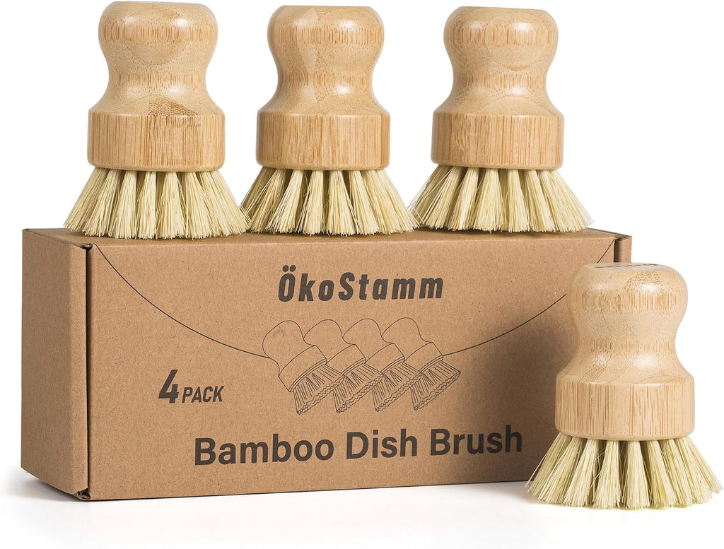 4 Pack Bamboo Dish Brush with Sisal Bristles for Kitchen Cleaning