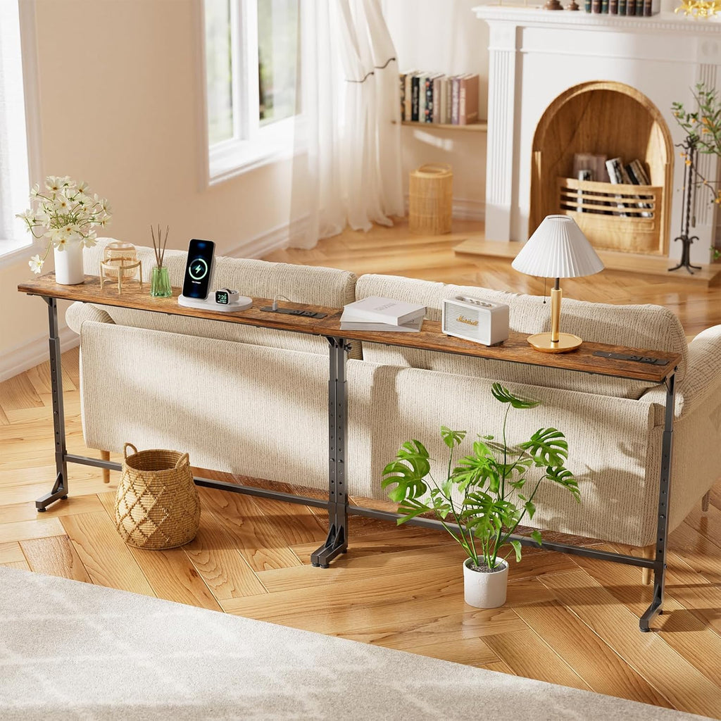 Simple Trending 78.75” Console Table, Narrow Behind Couch Table, Adjustable Sofa Tables with Outlet, for Living Room, Rustic Brown