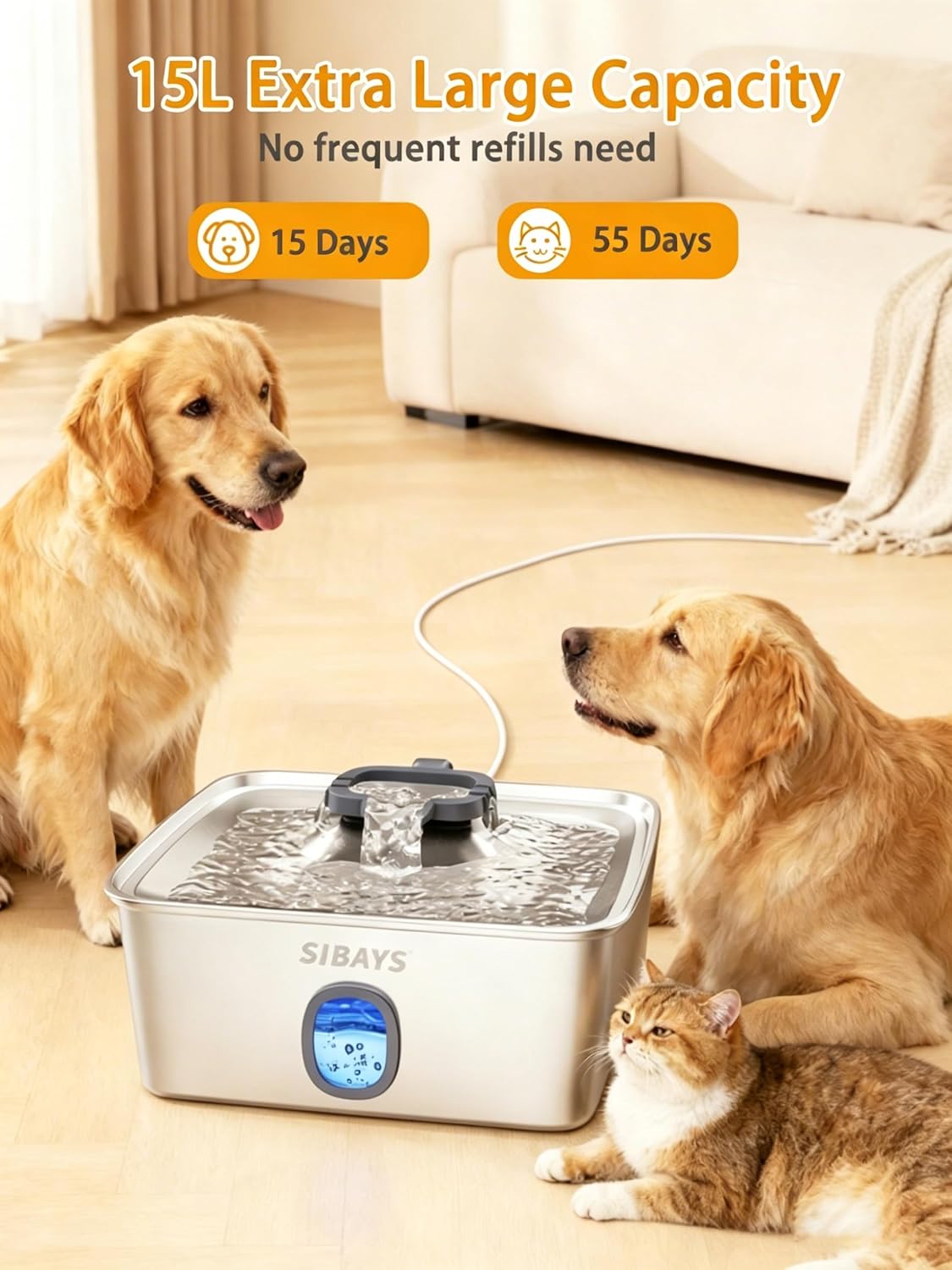 SIBAYS 4Gal/15L Large Dog Water Fountain, Stainless Steel Pet Fountain with Water Window & LED Light, Ultra Quiet Automatic Dog Water Bowl Dispenser for Large Dogs & Multi-pet, Easy to Clean FS76