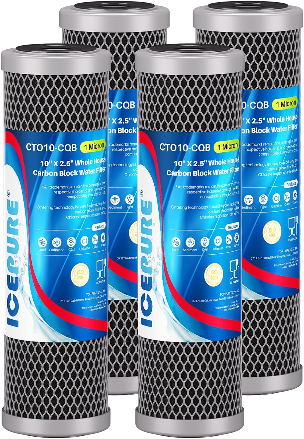 ICEPURE 1 Micron 2.5" x 10" CTO Carbon Whole House Water Filter 4 Pack