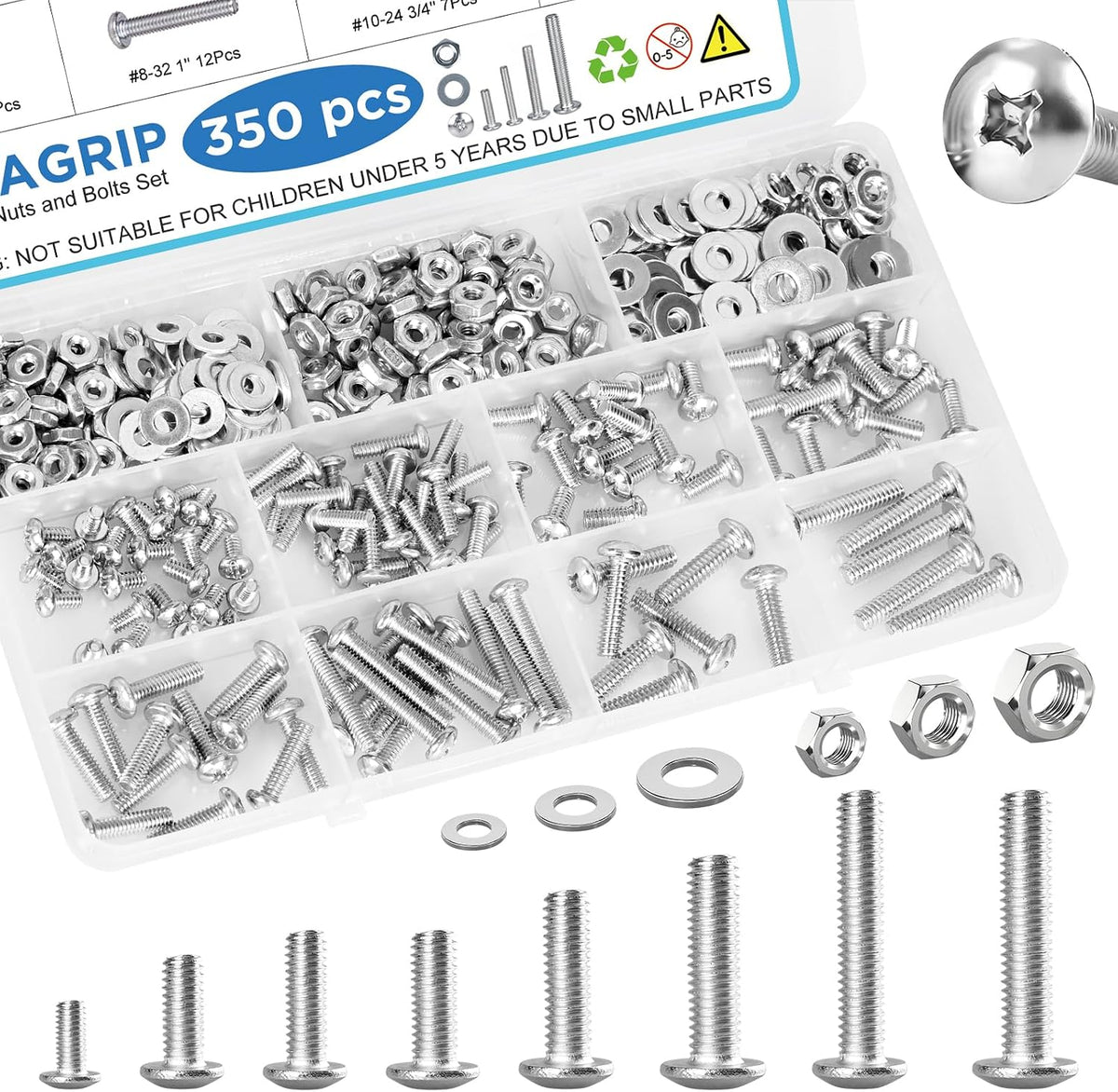 121PCS Nuts and Bolts Assortment Kit, M4 M5 M6 Phillips Head Machine Screws Assorted Set with Storage Case, Small Metric Bolts Nuts and Flat Washers Kit