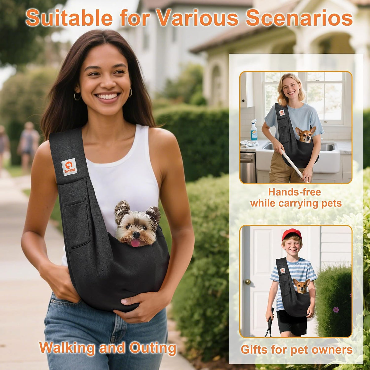 Tomkas Small Dog Sling Carrier - Classic Pocket & Classic Strap - Wrap Carrier - for 3-10 lbs Pets(Black)