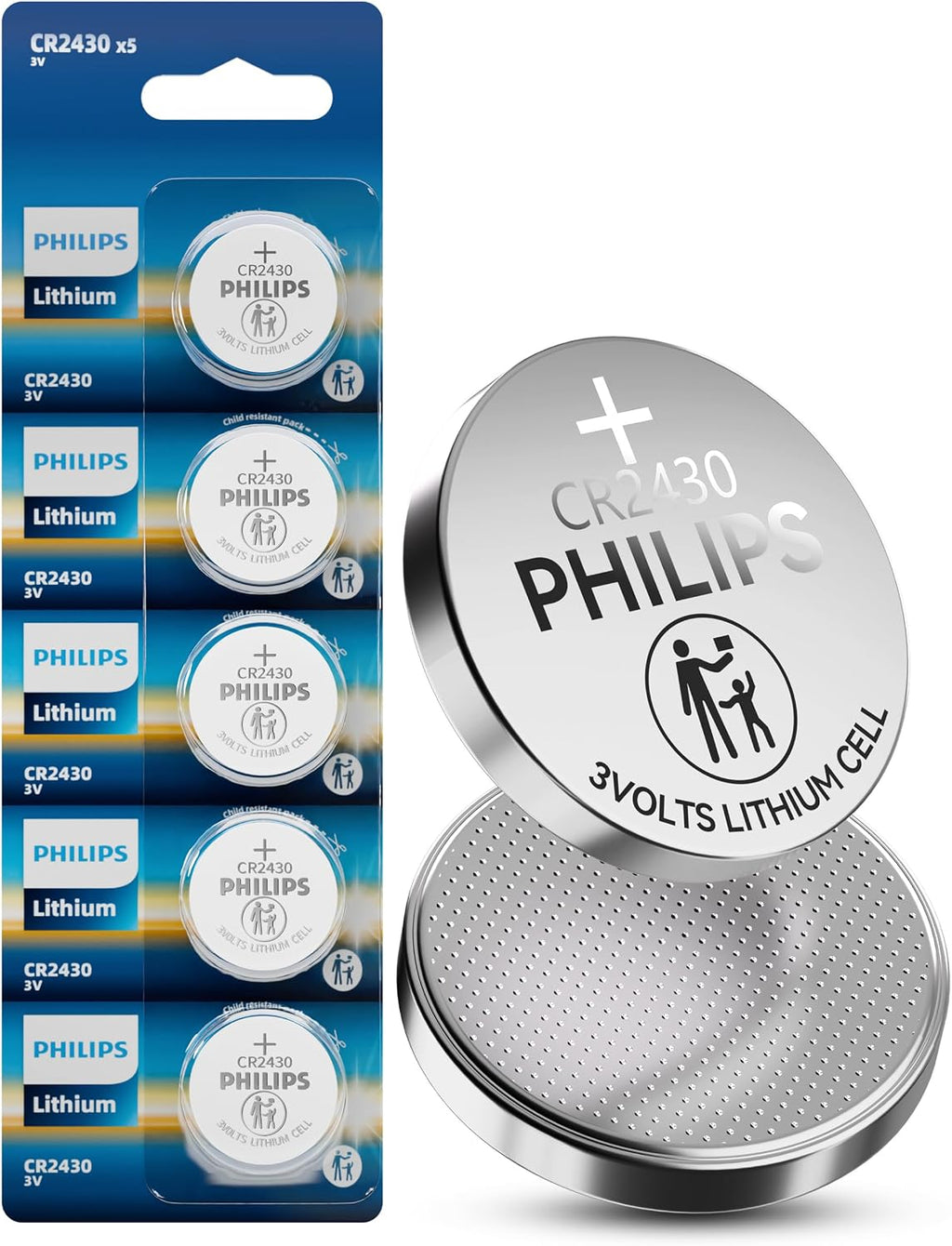 PHILIPS CR2430 3V Lithium Button Cell Battery 5 Pack, 10 Year Shelf Life, Stable Discharge, Child Resistant Packaging Works with Key Fob & Household Electronics