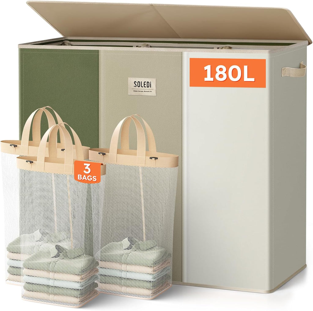 SOLEDI Large Laundry hamper 3 Section with Laundry Bag, XL Clothes Basket