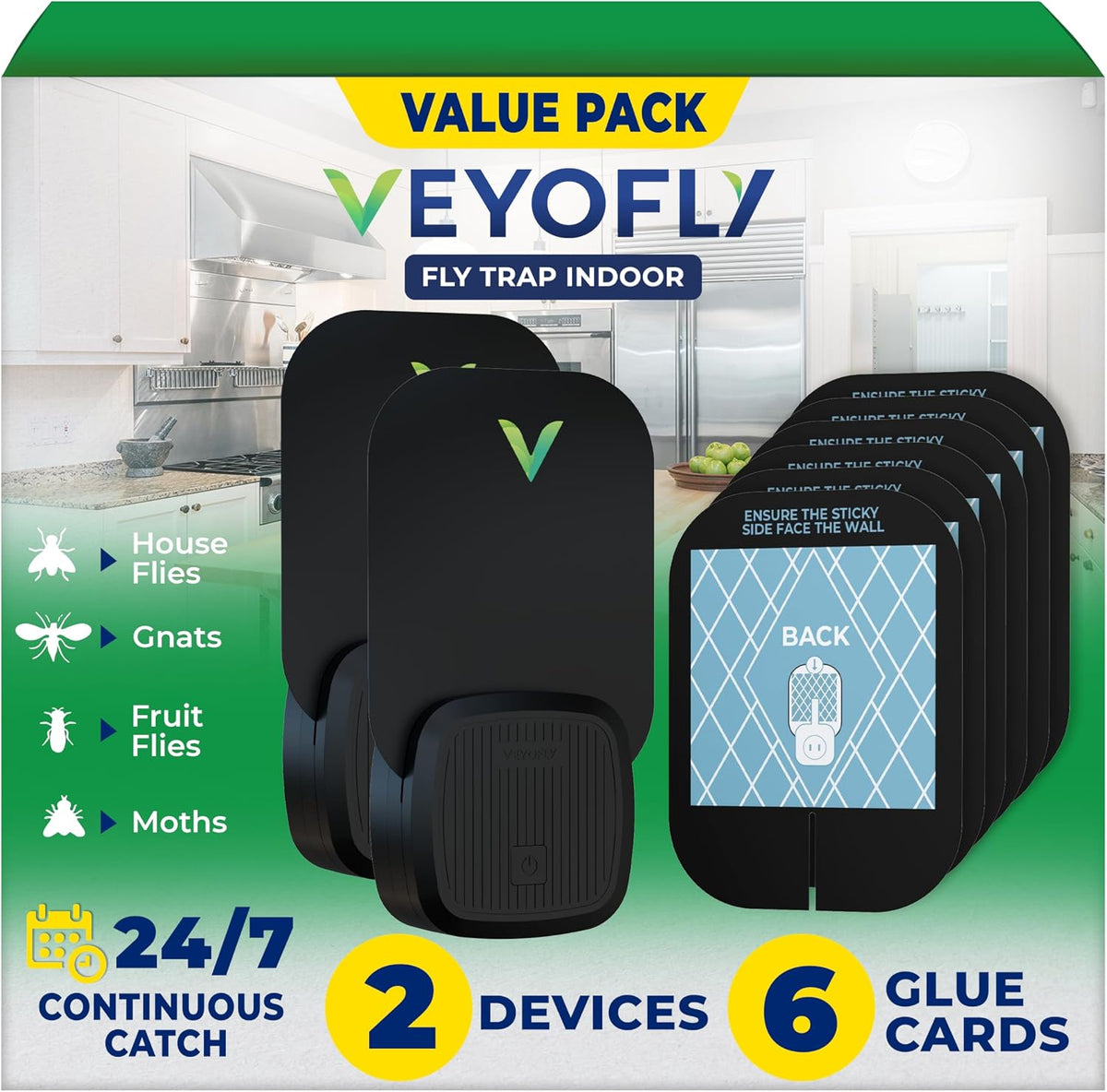 VEYOFLY Fruit Fly Traps Indoor Plug-in UV, Gnat Trap, 2 Device + 4 Refills