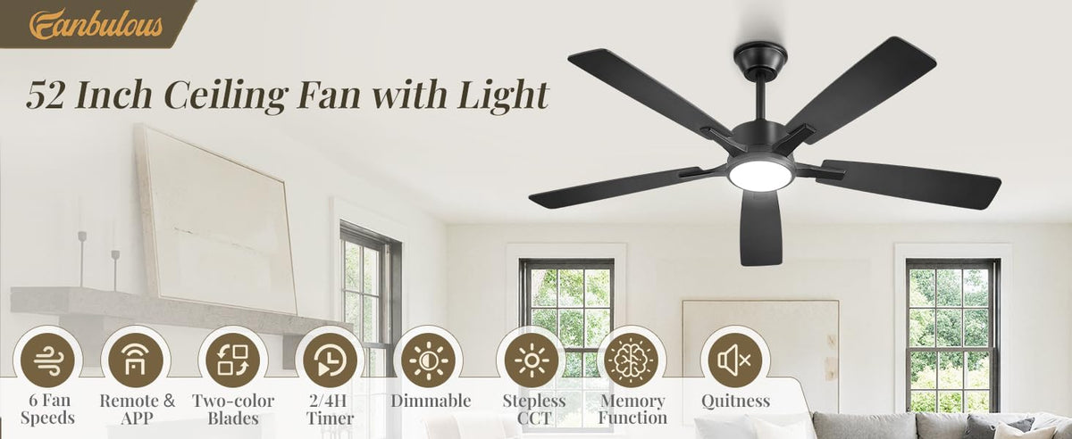 Fanbulous 52 Inch Ceiling Fans with Lights, Black, Remote & APP Control