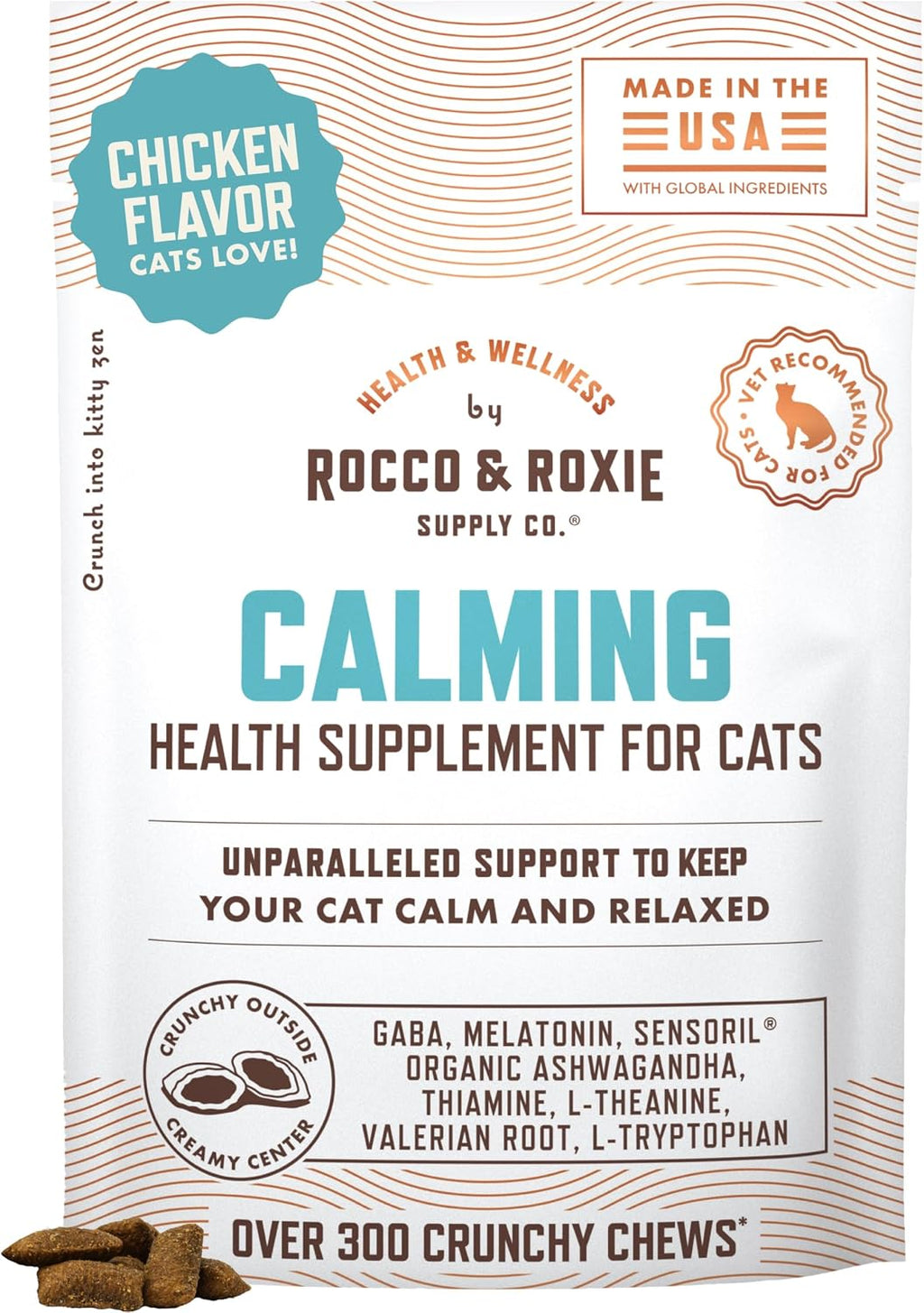 Rocco & Roxie Cat Calming Treats, Melatonin & Ashwagandha, Chews