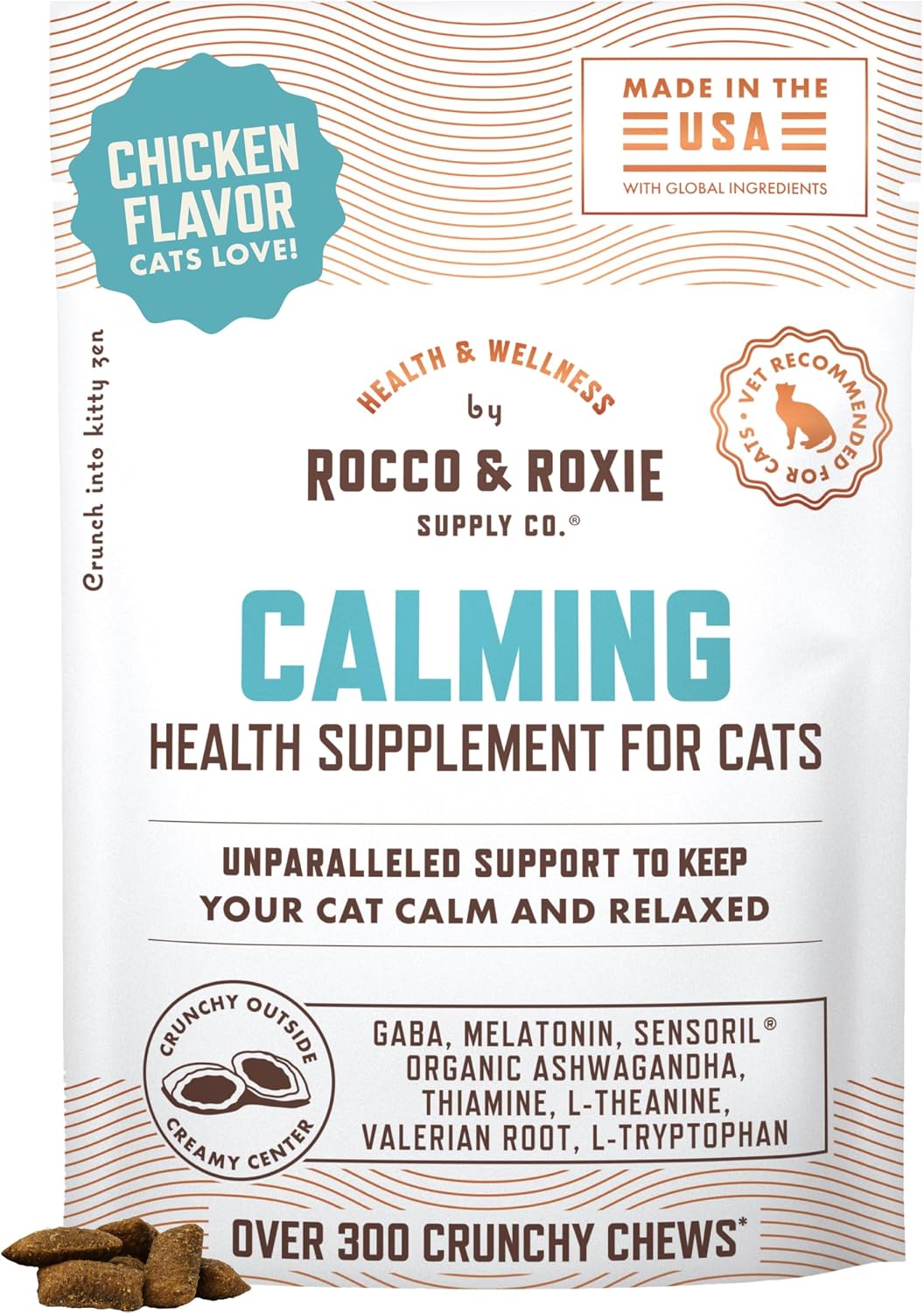Rocco & Roxie Cat Calming Treats, Melatonin & Ashwagandha, Chews