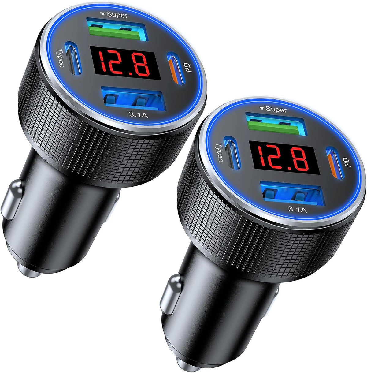 Car Charger USB C Fast Charge, 4 Port 78W Metal Car Phone Charger with Voltmeter, 2 USB-C & 2 USB-A Cigarette Lighter USB Charger Adapter for iPhone 17 16 15 Pro Max, Galaxy S26 S25, iPad