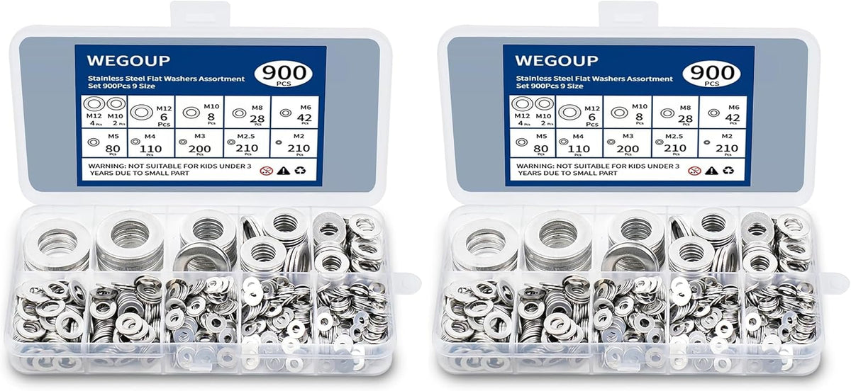 WEGOUP 900 Pcs Stainless Steel Flat Washers for Screws, Assorted Sizes