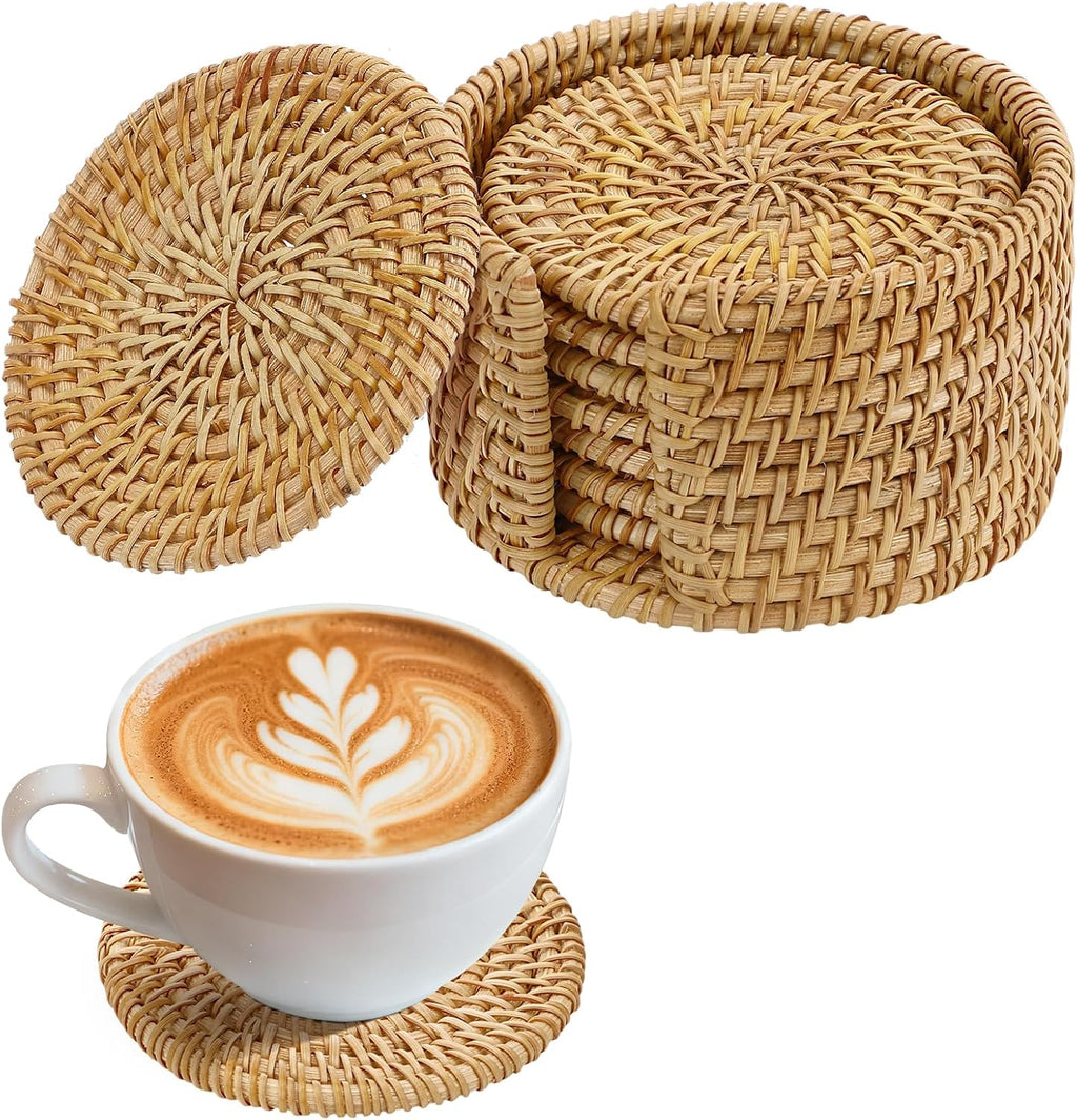 Handmade Rattan Coasters Set of 6 with Holder, Farmhouse Home Decor