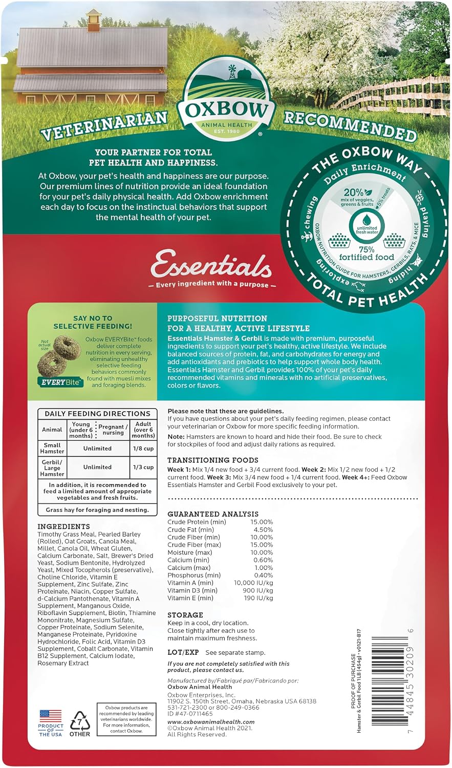 Oxbow Essentials Hamster Food & Gerbil Food, Hamster Pellets, Uniform, 1 lb
