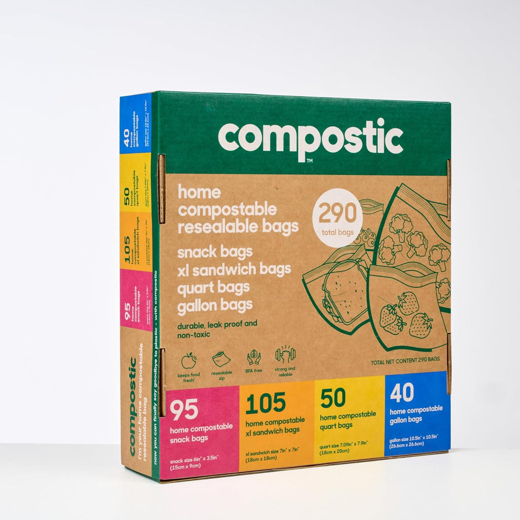 Compostic Compostable Sandwich, Snack, Gallon, Quart Bags Variety, 145 Ct
