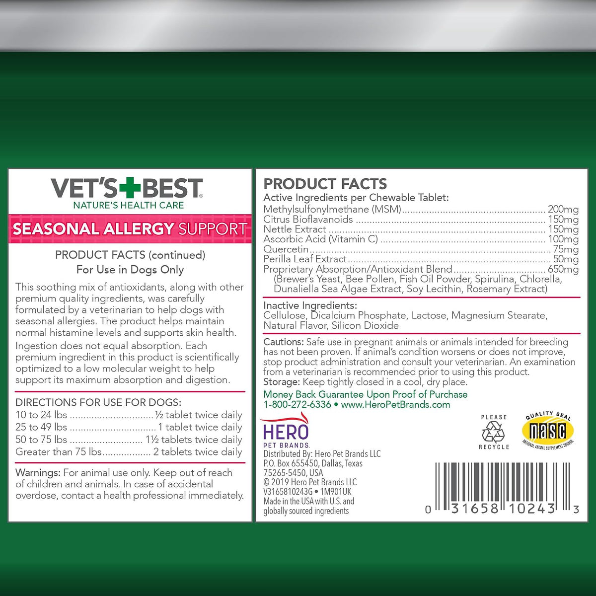 Vet's Best Seasonal Allergy Chewable Tablets for Dogs, Soothes Dog, 60ct | Seasonal Allergy Relief Tablets, Helps Soothe Itchy Skin, Supports Healthy Skin & Coat, Daily Chewable Formula