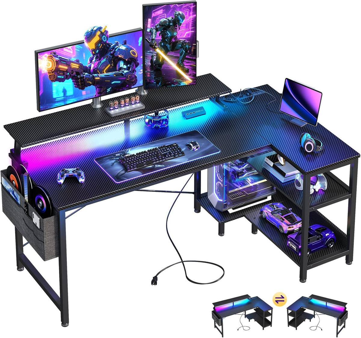 ODK 48 Inch L Shaped Gaming Desk with LED Lights, Power Outlets, Black