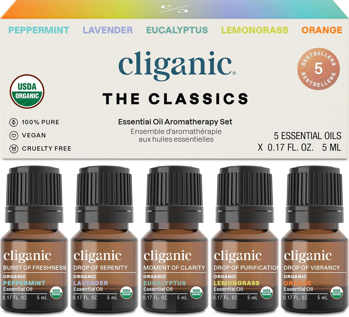 Cliganic Organic Essential Oils Set (Top 5 - The Classics) - 100% Pure Natural - Aromatherapy, Candle Making - Peppermint, Lavender, Eucalyptus, Lemongrass & Orange