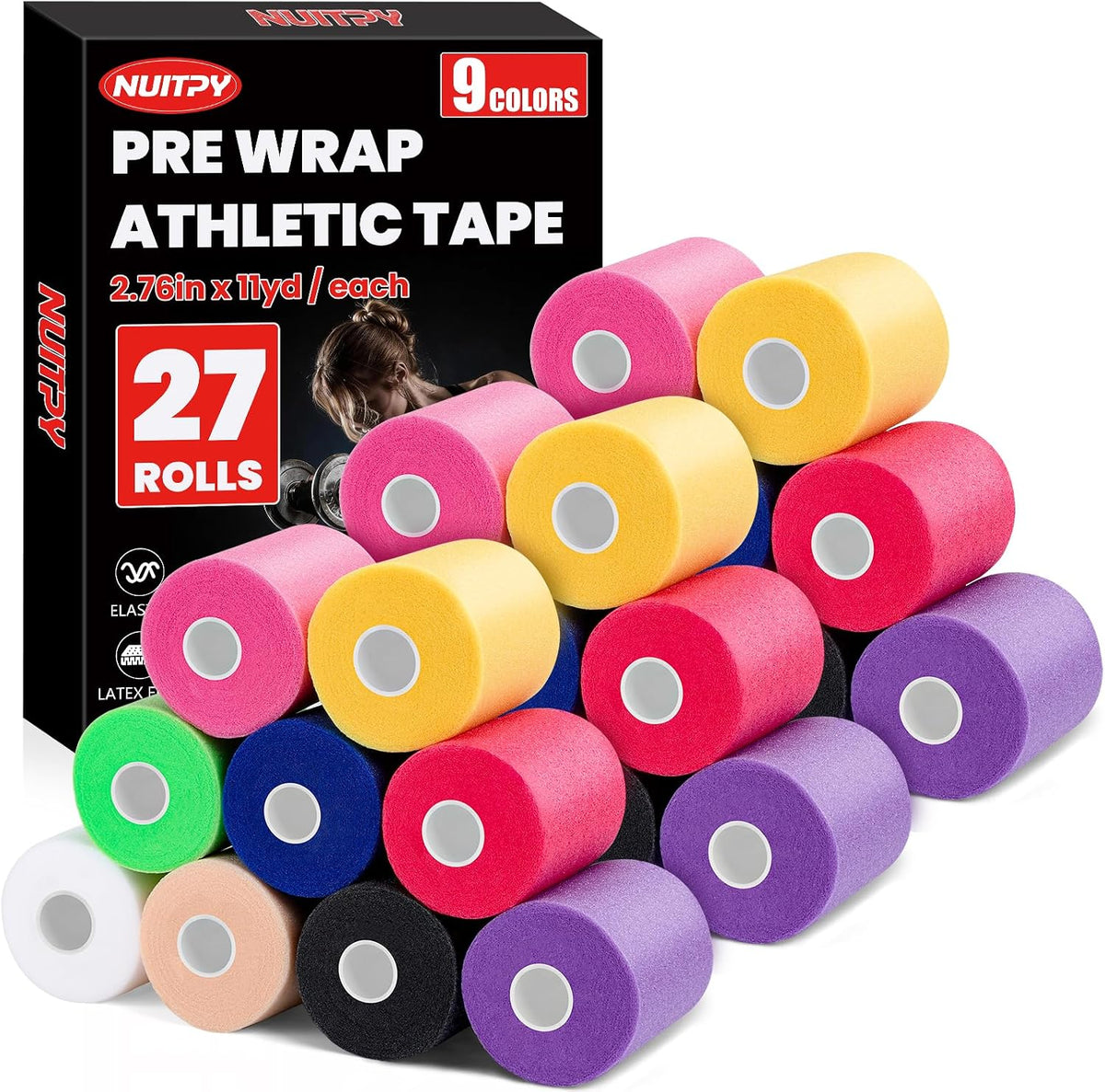 9 Pack Black Pre Wrap Tape, 2.76 Inch x 11 Yards Prewrap Athletic Tape