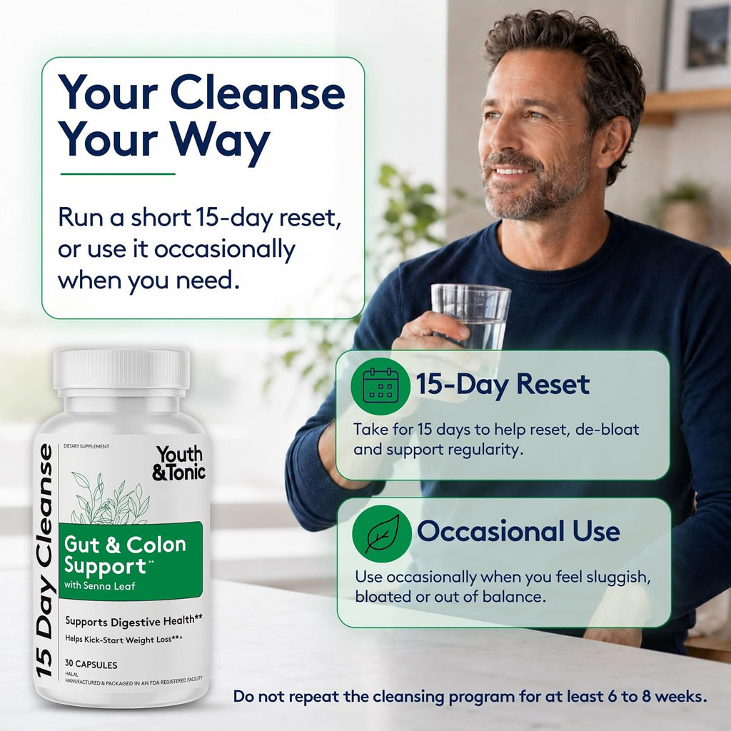 Youth & Tonic 15 Day Cleanse - Colon Cleanse & Gut Support, 30 Pills
