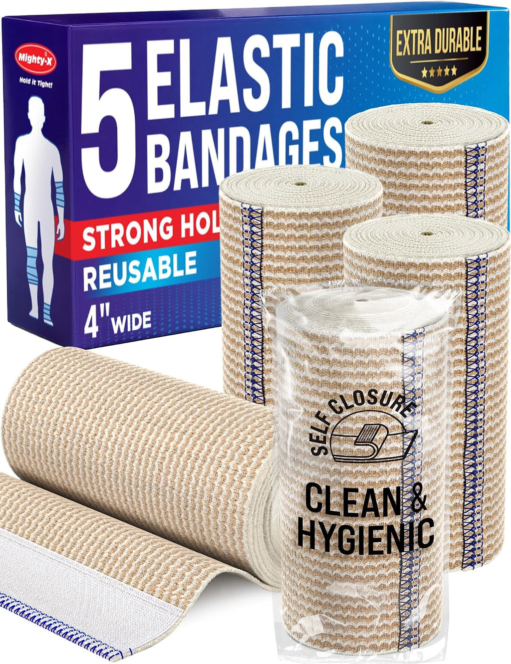 Premium Elastic Bandage Wrap - 6pack (2x2in, 2x3in, 2x4in) - Self-Closing