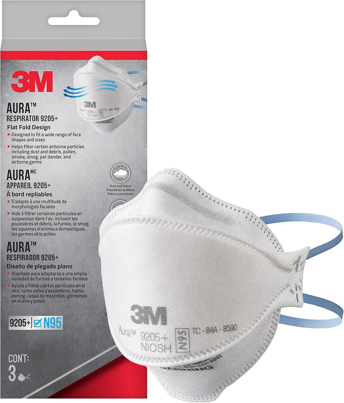 3M Aura Particulate Respirator 9205+, N95 Disposable Respirator, 3 pk