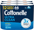 Cottonelle Ultra Clean Toilet Paper with Active CleaningRipples Texture, Strong Bath Tissue, 12 Family Mega Rolls = 66 Regular Rolls