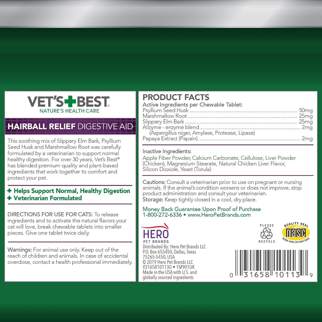 Vet's Best Cat Hairball Relief Chewable Tablets, Digestive Aid, 180 Count