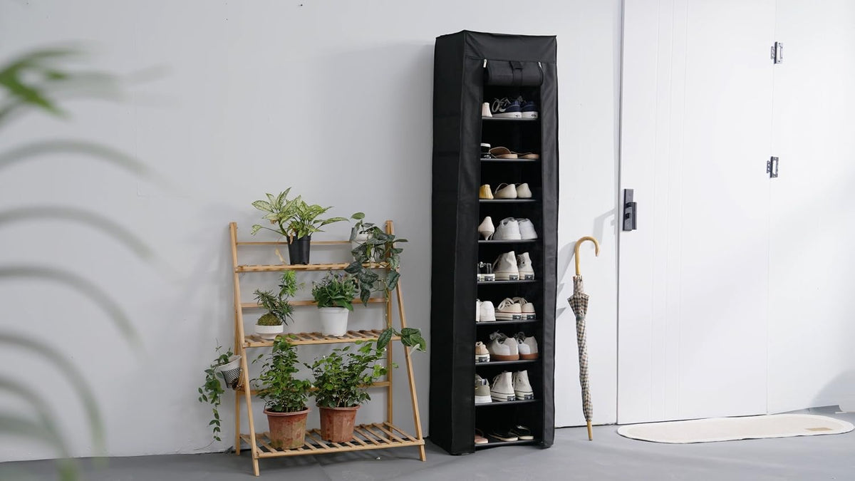 Kitsure 10-Tier Shoe Rack with Cover, Vertical Shelf, 17.5" Wide, Black