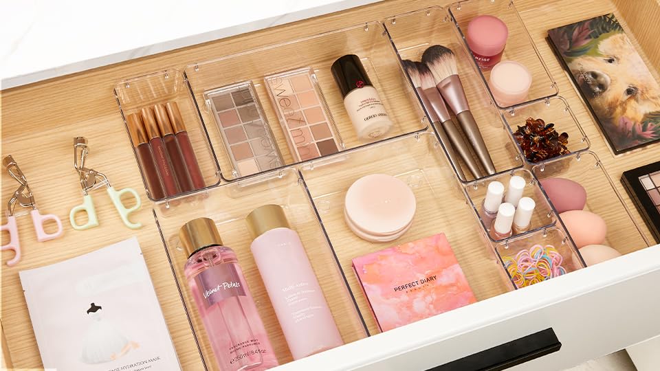 Vtopmart 25 PCS Clear Plastic Drawer Organizers Set, 4-Size Versatile Bathroom and Vanity Drawer Organizer Trays, Storage Bins for Makeup, Bedroom, Kitchen Gadgets Utensils and Office