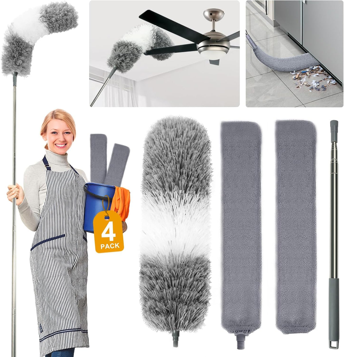 Retractable Gap Dust Cleaner Cleaning Tools with 2 Microfiber Dusting Cloths Long Handle 60inches Washable and Retractable Duster Brush for Cleaning Under Appliances Furniture Couch Fridge