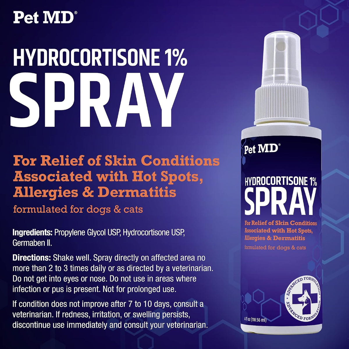 Pet MD Hydrocortisone Spray for Dogs, Cats, Horses - 4 oz | Itch Relief Spray & Hot Spot Remedy for Dogs Irritated Dry Itchy Skin, Allergies, & Other Topical Discomforts