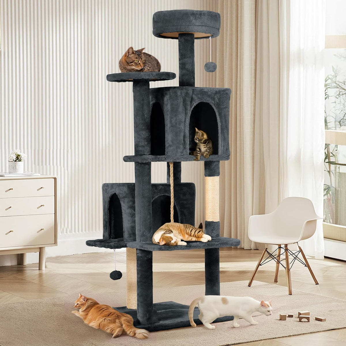 58.5inch Large Cat Tree Tower Condo for Indoor Cats, Soft Plush Multi-Level Climbing Tree Cat House with Cat Cave, Scratching Post, More Entrance/Exit, Sisal Rope, Grey Black