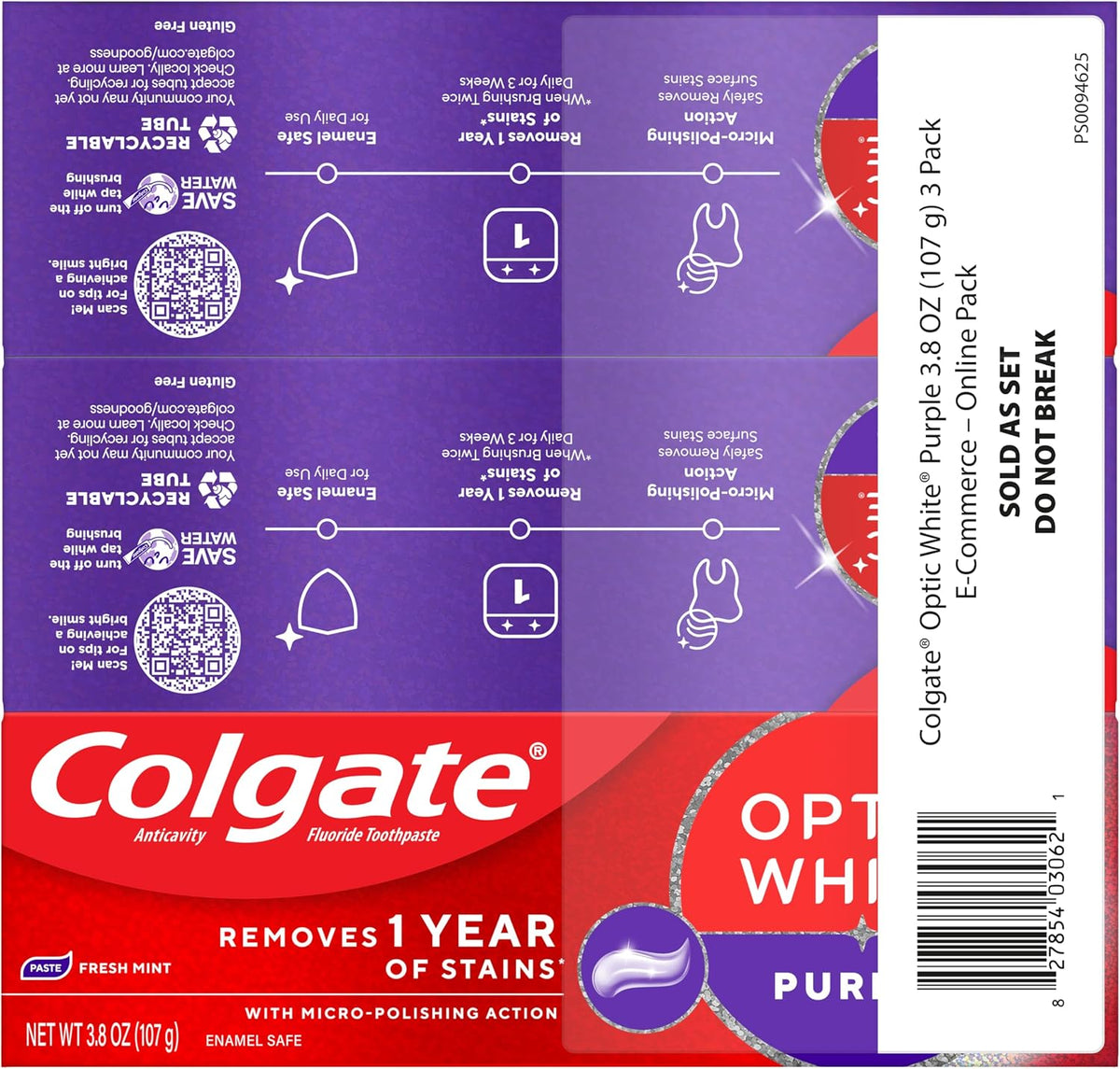 Colgate Optic White Purple Toothpaste with Fluoride, 3 Pack, 3.8 oz