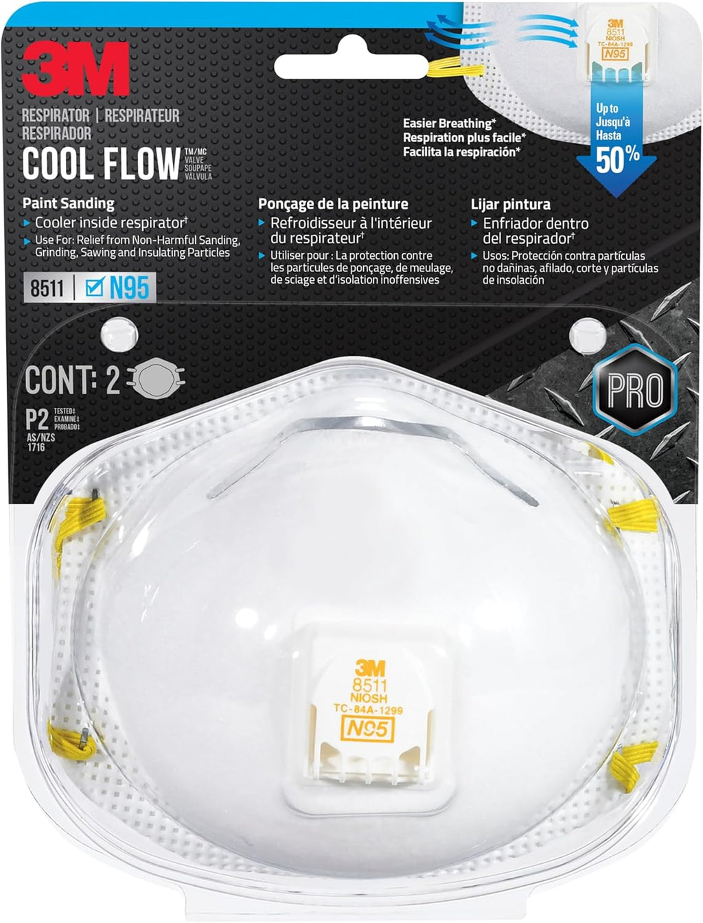 3M 8511 Paint Sanding N95 Cool Flow Valved Respirator, 2-Pack