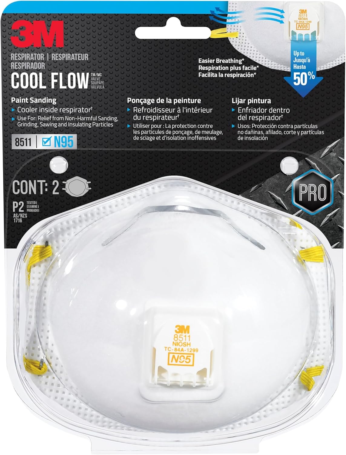 3M 8511 Paint Sanding N95 Cool Flow Valved Respirator, 2-Pack