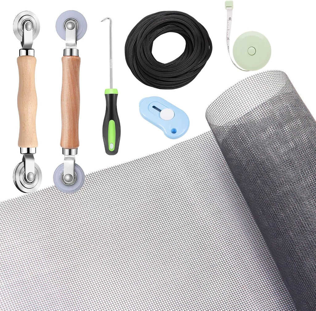 Windows Screen and Screen Door Repair Kit, 48"x118" Charcoal Fiberglass Mesh with Rolling Tool/Hook/Ruler/Cutter/Spline - Window Screen & Sliding Screen Door Replacement for Windows, TOOLTRIZ