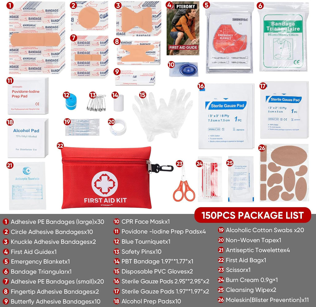 PTEROMY 150 Pcs Mini Travel First Aid Kit for Travel, Car, Home, Camping