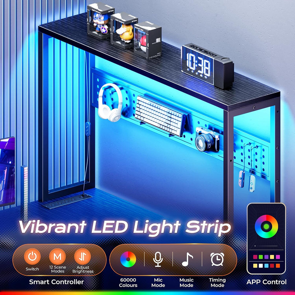 PRAISUN L Shaped Gaming Desk with LED Lights & Power Outlets