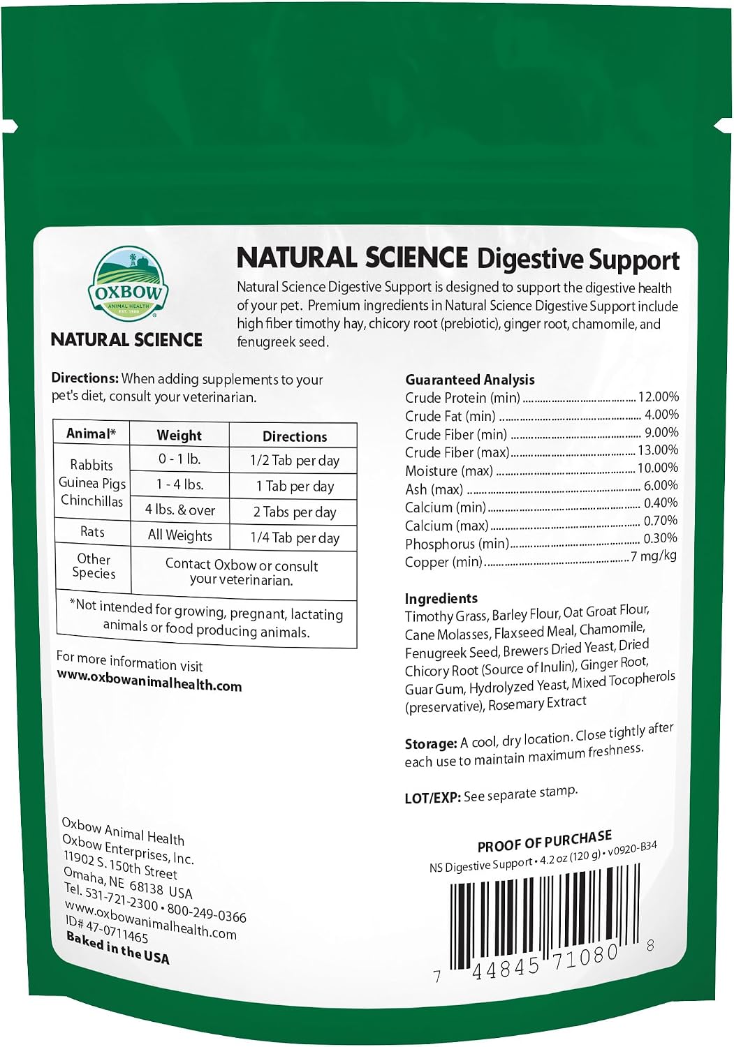 Oxbow Digestive Support Rabbit & Guinea Pig Supplement, Timothy Hay, 4.2 oz