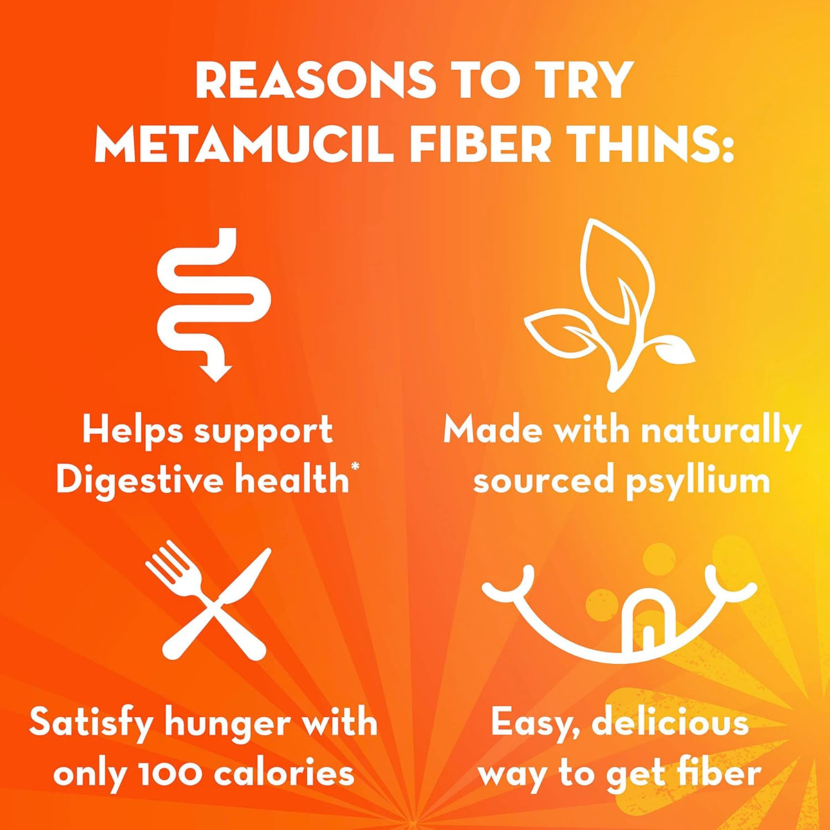 Metamucil, Fiber Thins, Daily Psyllium Husk Fiber Supplement, Supports Digestive Health and Satisfies Hunger, Apple Crisp Flavor, 48 Total Servings (4 Packs of 12)