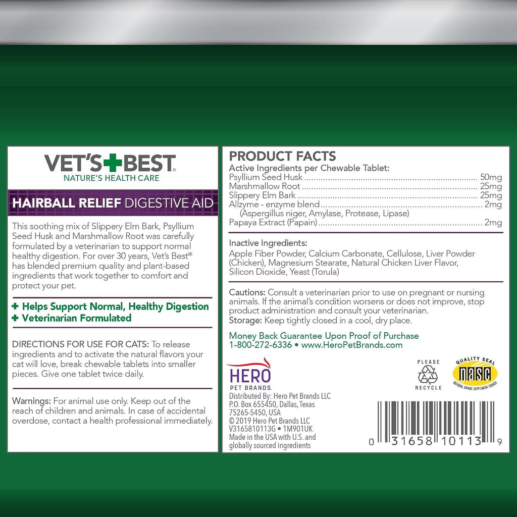 Vet's Best Cat Hairball Relief Chewable Tablets, Digestive Aid, 180 Count