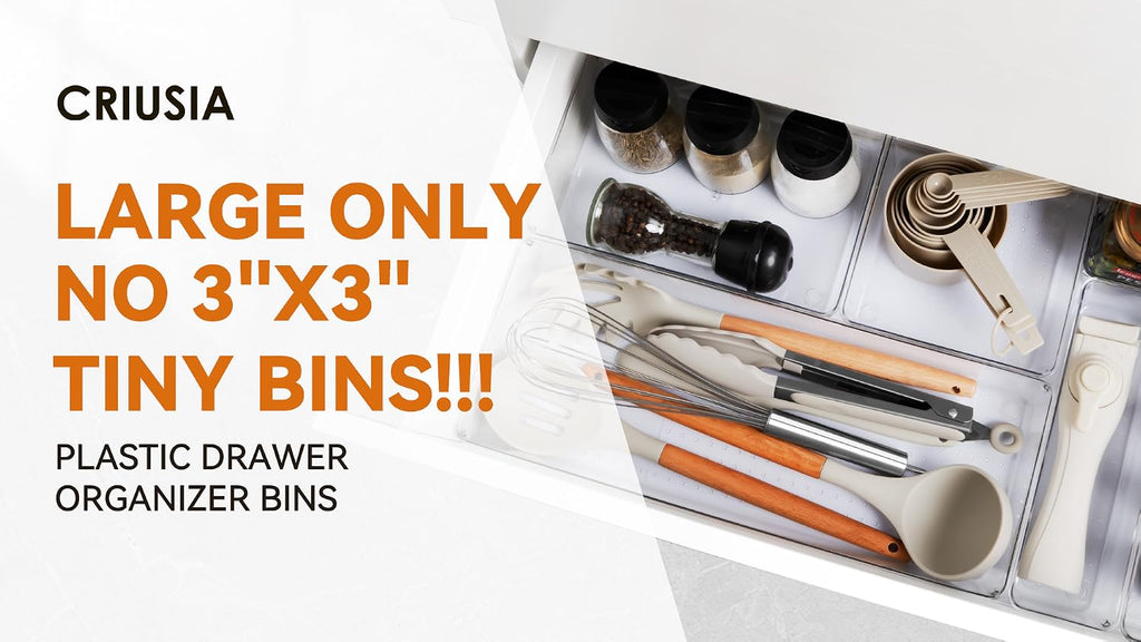 Criusia Large Drawer Organizer Bins 26 Pack | Complete 5 Size Clear Plastic Kitchen Drawer Organizers for Utensils | Bathroom Drawer Organizer Trays | Versatile for Makeup Office Organization